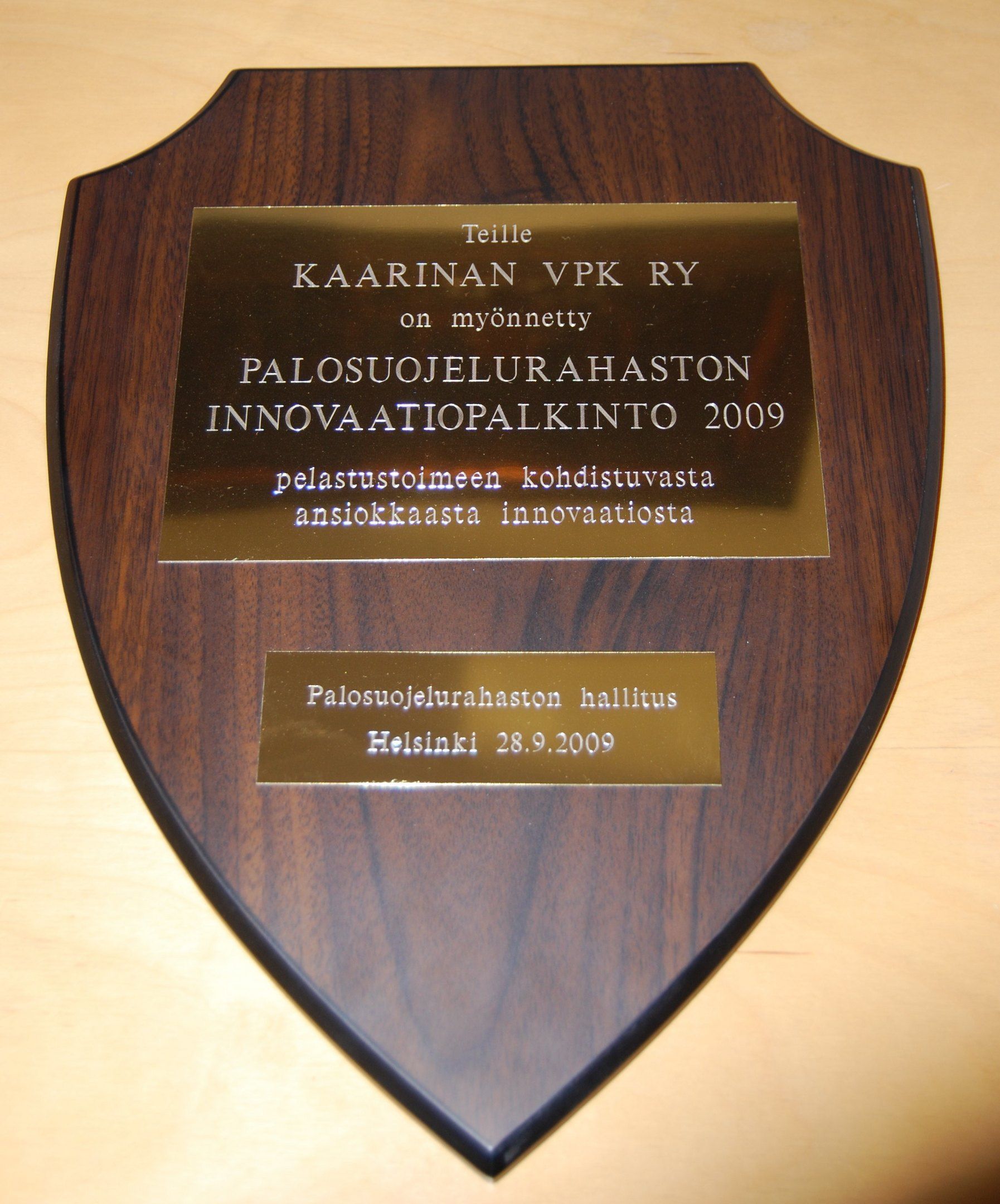 Palosuojelurahaston innovaatiopalkinto vuonna 2009